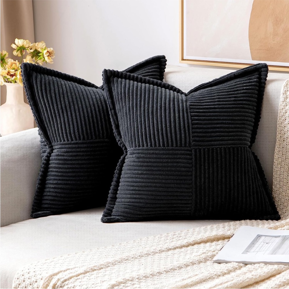 Striped Black Corduroy Farmhouse Luxury Soft Decorative Stylish Pillow Cover Set